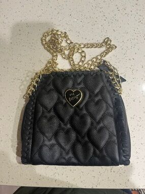 Betsey Johnson Black Quilted Heart Crossbody with Gold Chain